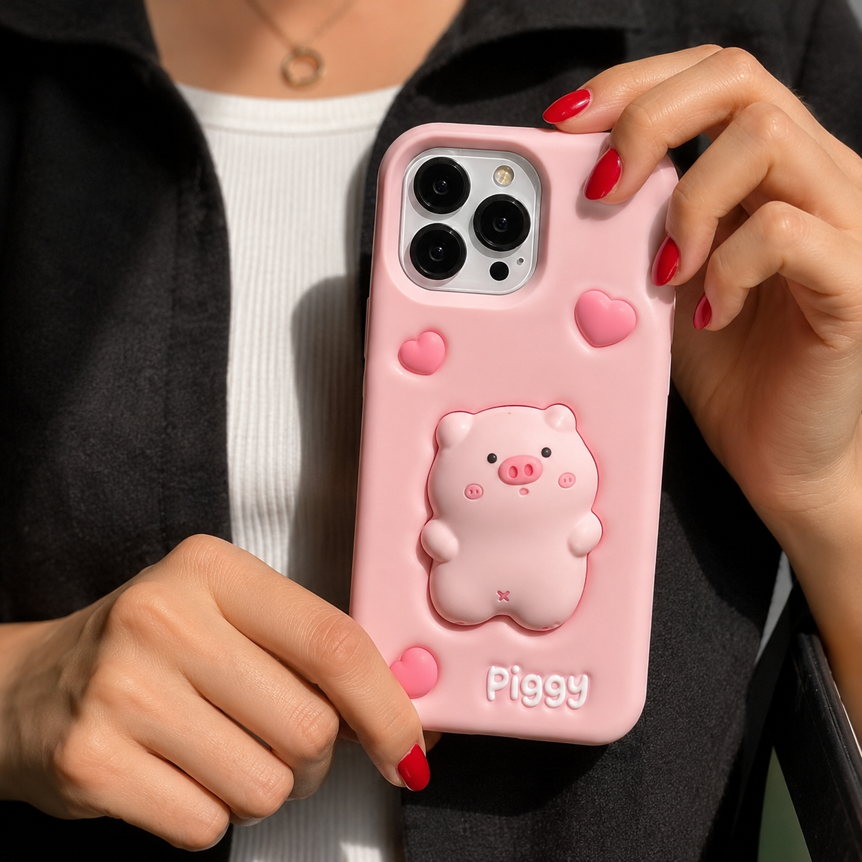 قاب سیلیکونی عروسکی خوک برجسته مدل Piggy ایفون ۱۴پرومکس و ۱۵ پرومکس 