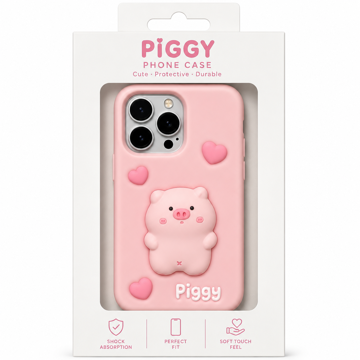 قاب سیلیکونی عروسکی خوک برجسته مدل Piggy ایفون ۱۴پرو و ۱۳ پرو ۱۵ پرو 